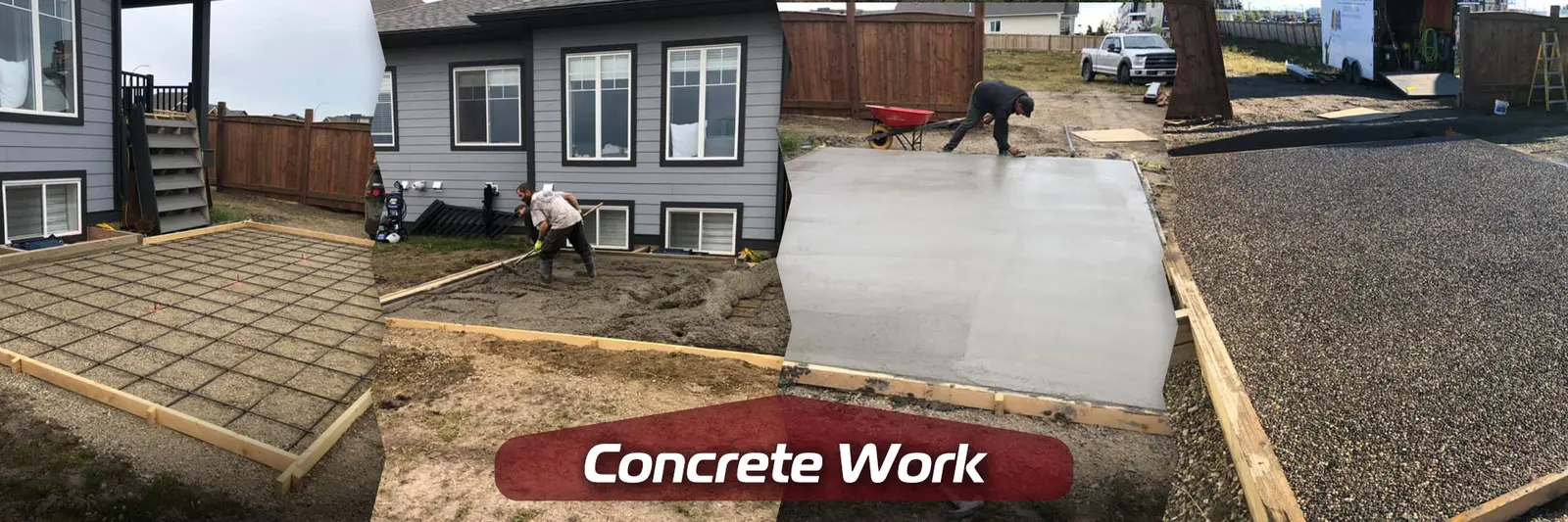 Four stages of an exposed aggregate concrete patio pour in Fort St. John