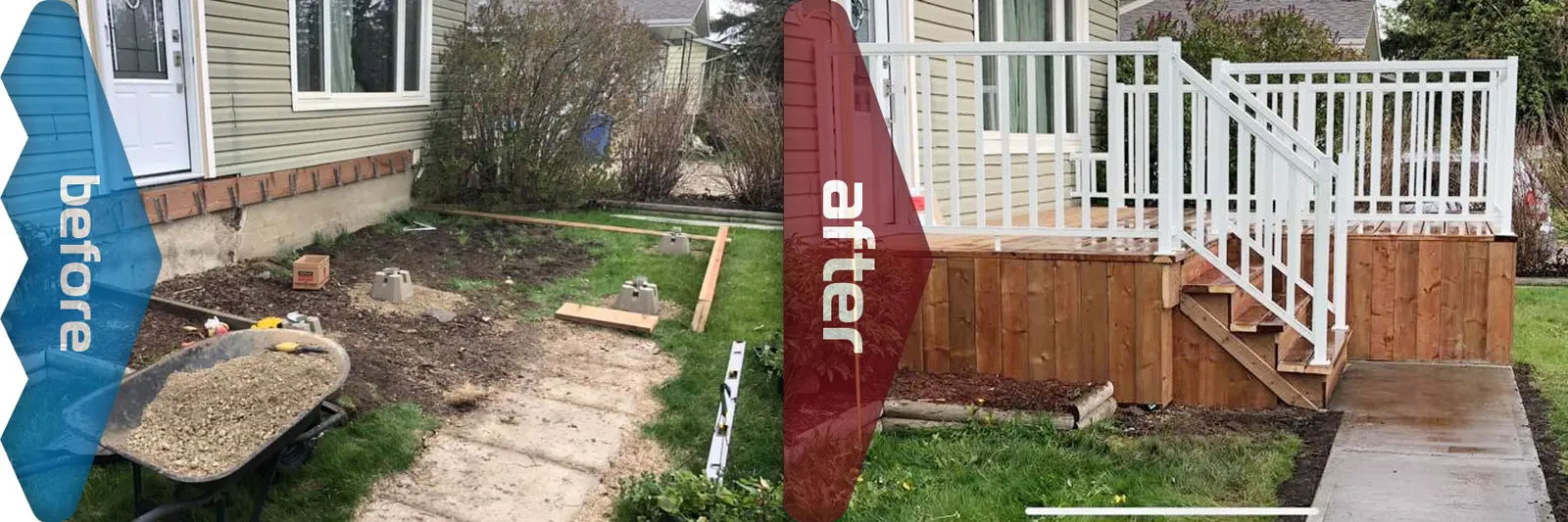 Front yard before and after a new concrete sidewalk and porch with steps