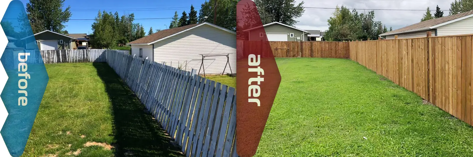 Old leaning fence and the straight new fence that replaced it