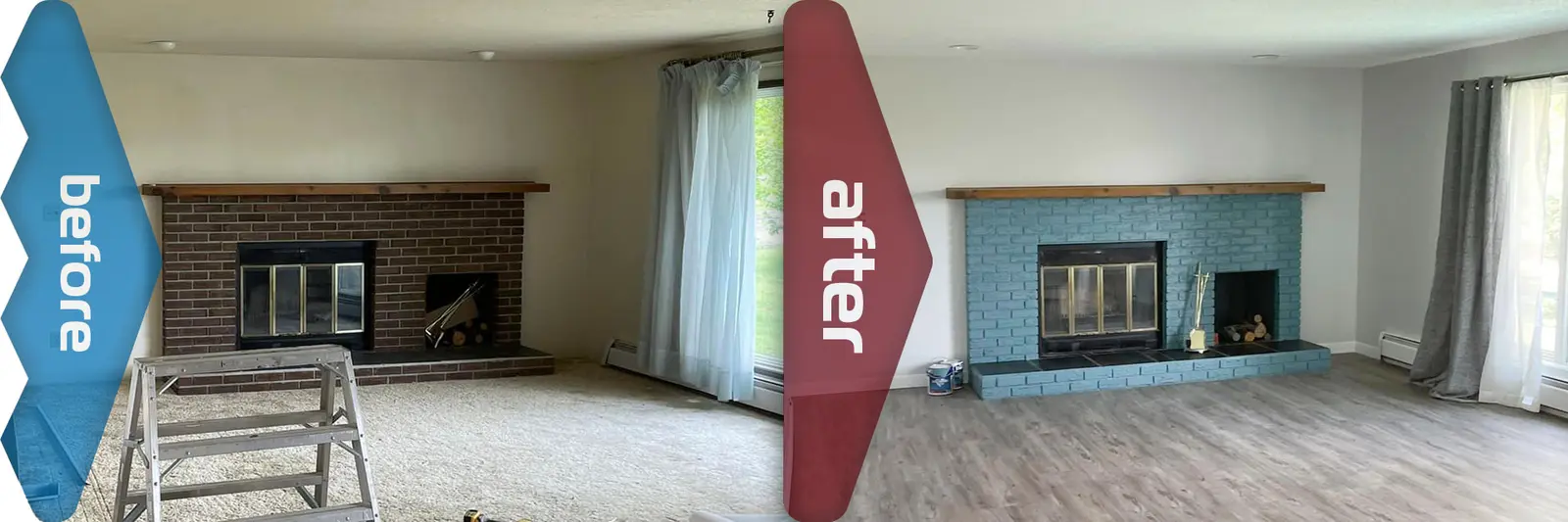 Living room before and after repainting the brick fireplace and replacing the flooring