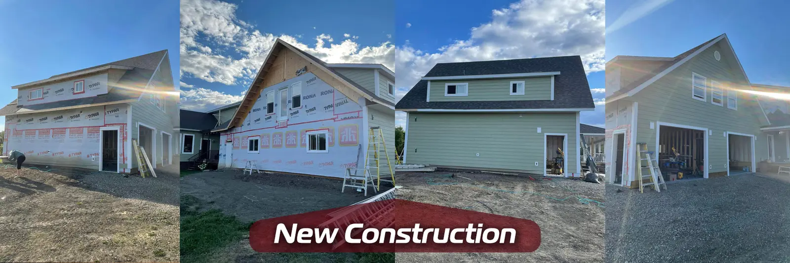 Stages of a custom garage and workshop build, from framing to finished exterior