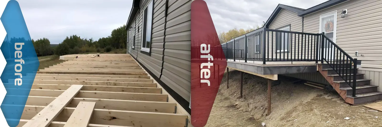 Porch during construction and after completion with stairs and white railing